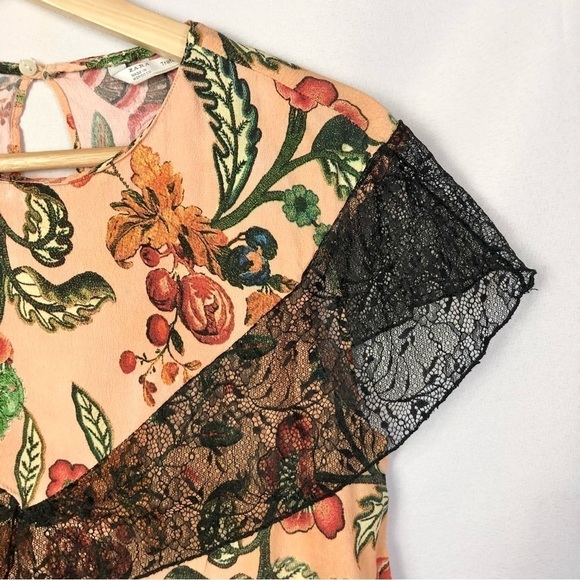 Zara Pink Floral Contrast Short Sleeve Blouse L - Picture 3 of 3